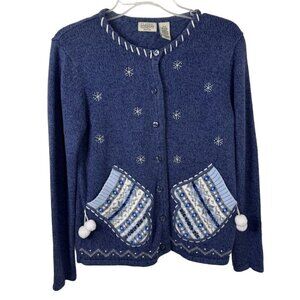 Classic Elements Blue Novelty Beaded Cardigan Sweater Winter Christmas Size SP